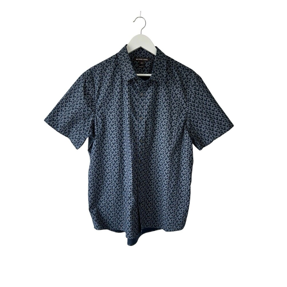 Michael Kors Short Sleeve Button-Up Shirt MK Logo Signature Size L Navy Blue